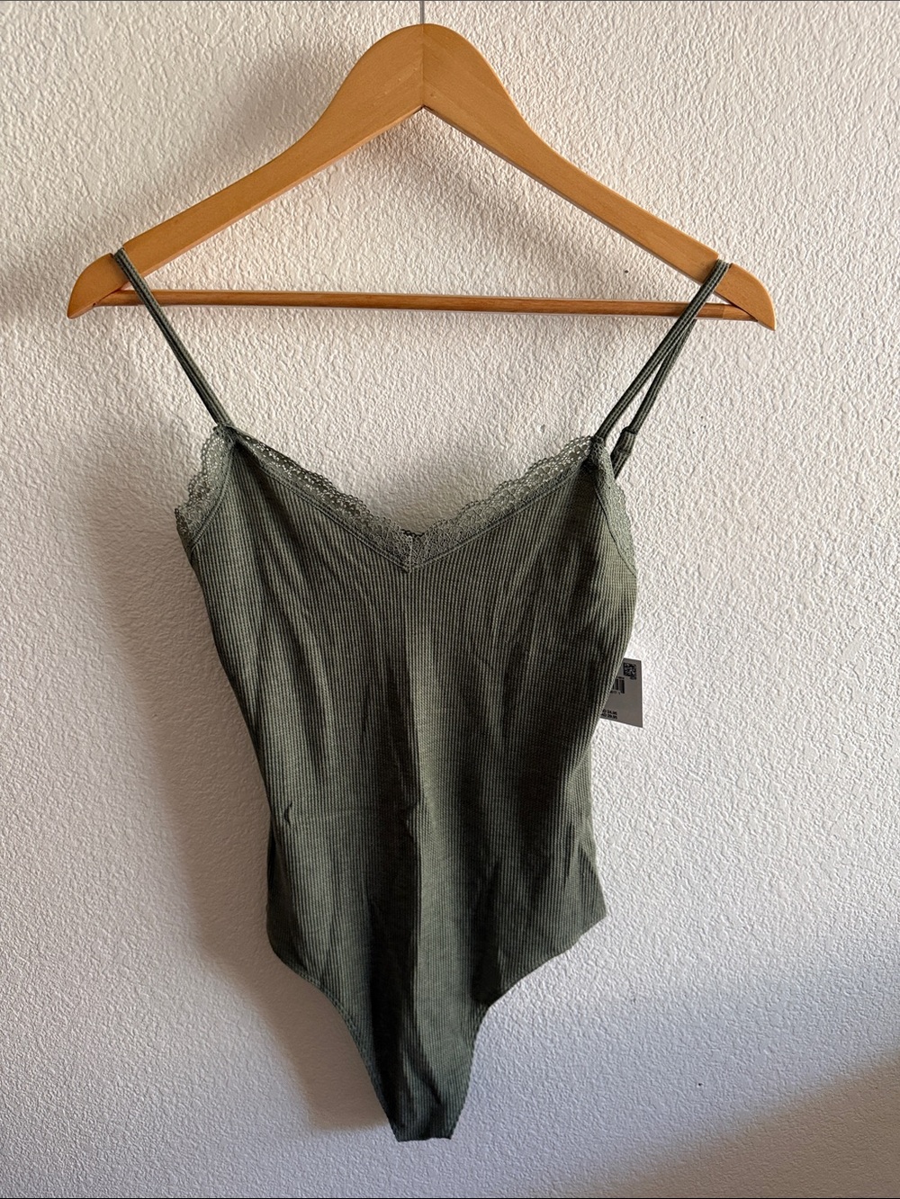 American Eagle Outfitters Olive Green Ribbed Lace-Trim Thong Bodysuit